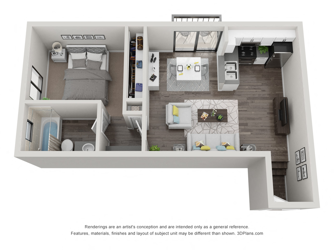 Floor plan for 1 bed, 1 bath, 666 sqft